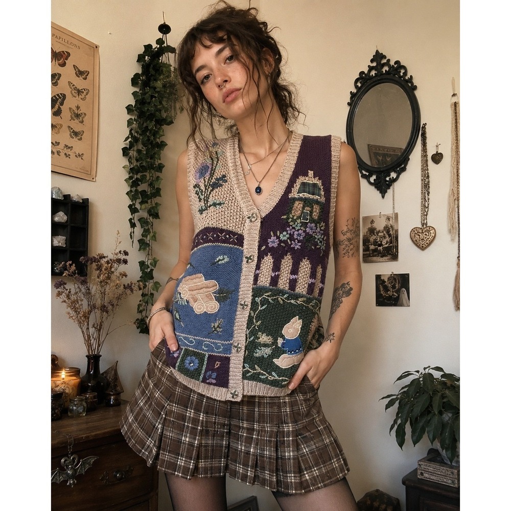 Teddi vintage embroidered sweater vest PL cottagecore boho Grandmacore retro